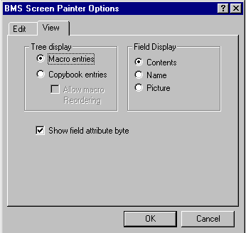 [BMS Screen Painter Options] ダイアログ ボックスの [View] タブ