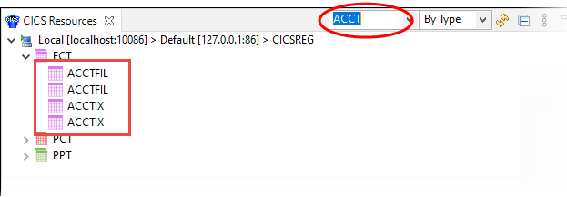 CICS リソースの検索入力ボックス