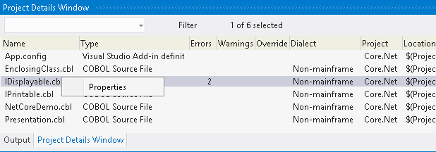 [Project Details] ウィンドウで行を右クリックすると、コンテキスト メニュー コマンドにアクセスできます。これらのコマンドを使用して、ファイルを開く、ファイルをコンパイルする、指令スキャンを開始する、プロジェクトの設定を適用する、ファイルのプロパティにアクセスするなどの操作を実行できます。