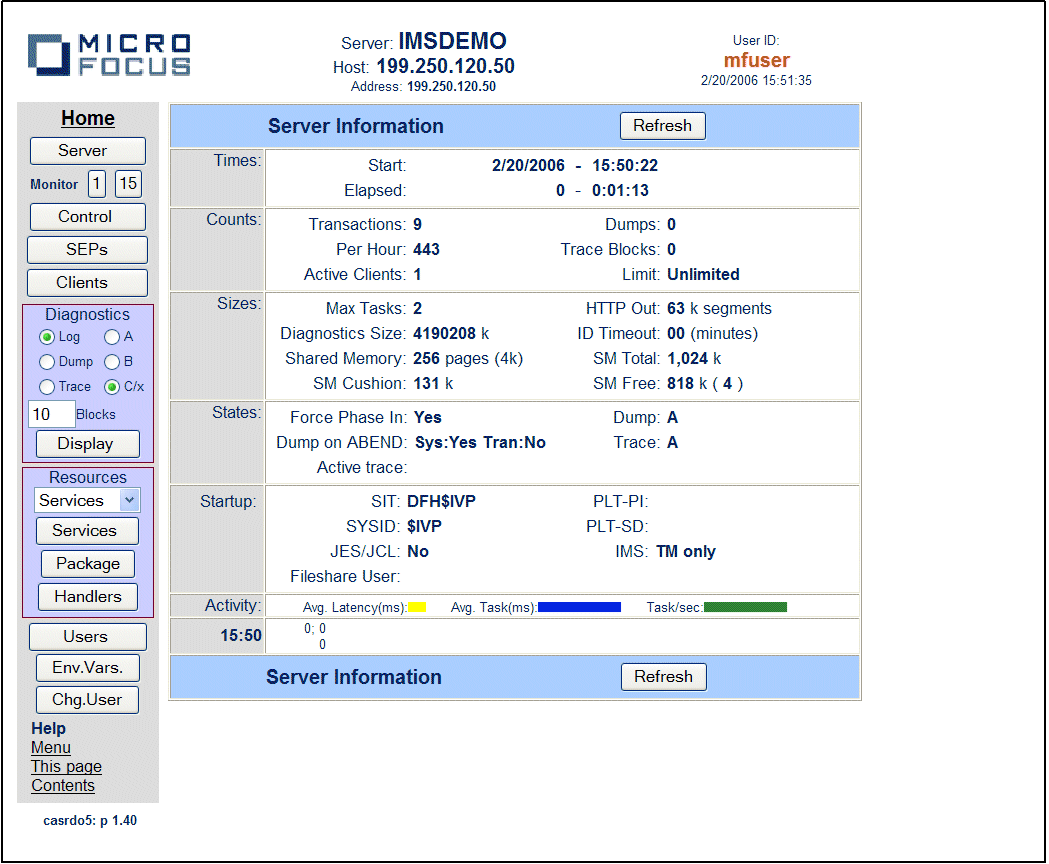 IMS の ESMAC の [Server Information] ページ