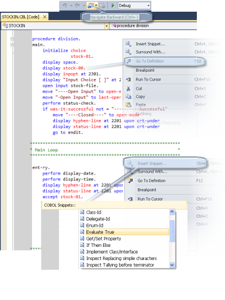 COBOL エディタの画面表示の操作