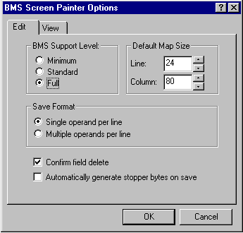 [BMS Screen Painter Options] ダイアログ ボックスの [Edit] タブ