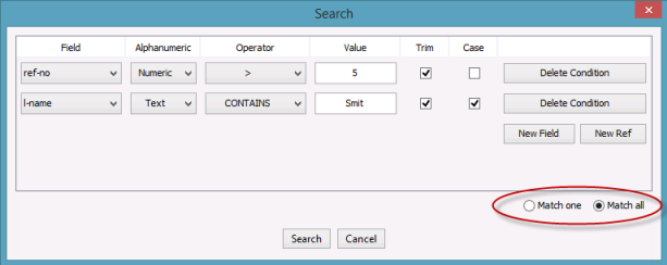 [Match One] オプションおよび [Match All] オプションを示す [Filter] ダイアログ ボックス