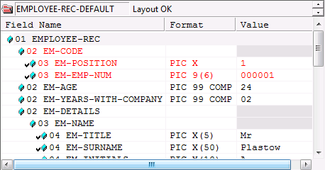 右側のペインのフィールド レイアウト ビュー