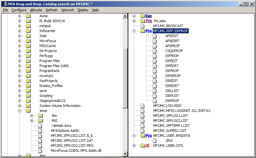 ワークステーションおよびメインフレームのファイル リスト