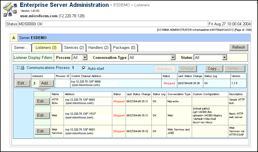 [Communications Processes and Service Listeners] テーブル